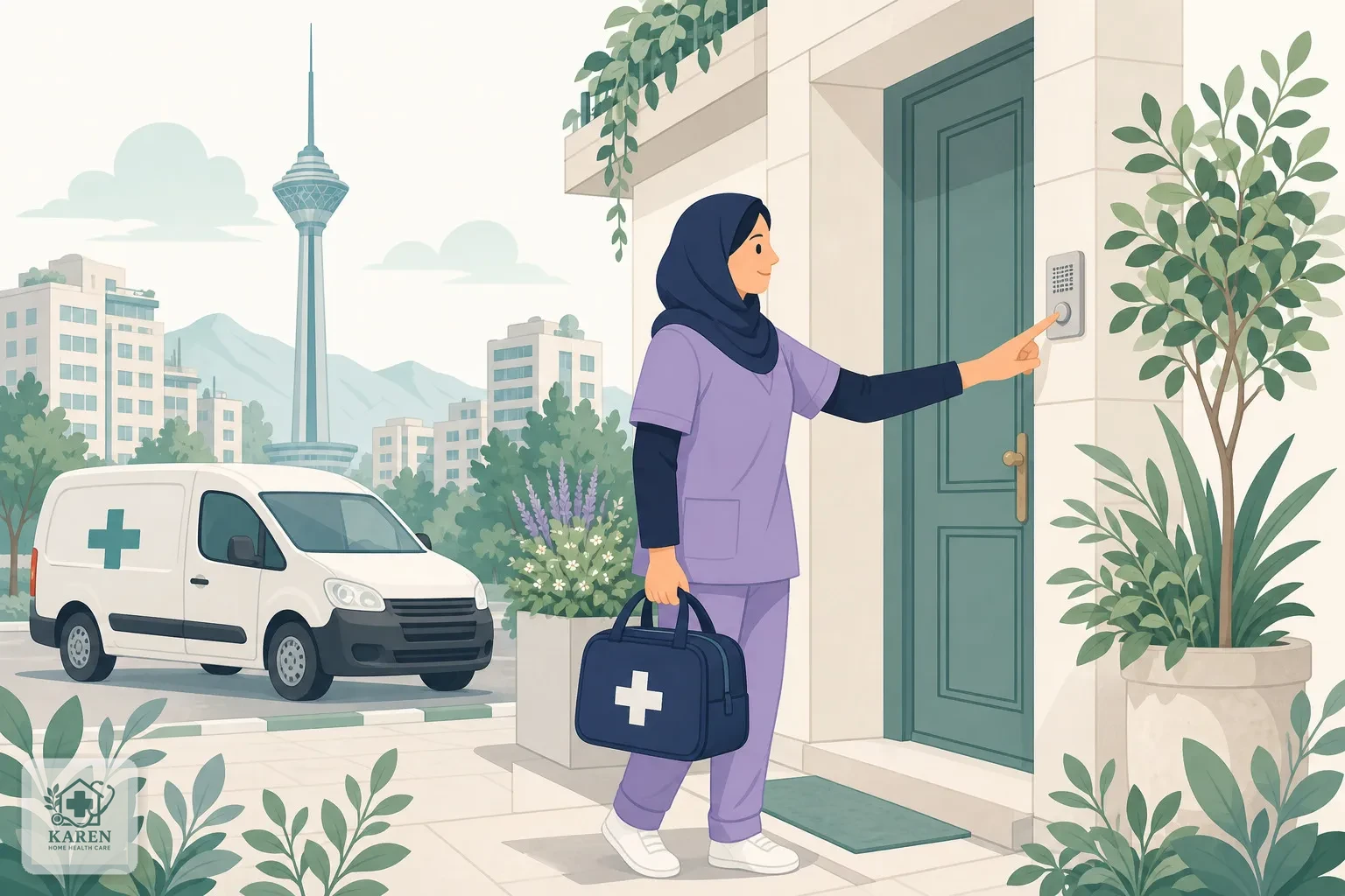 پرستار کارن درمان در حال ورود برای تزریق آهن وریدی در منزل