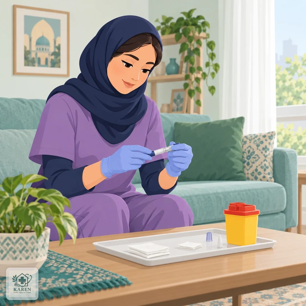پرستار با دستکش در حال آماده‌سازی قلم تزریق زیرجلدی روی سینی استریل در نشیمن خانه بیمار