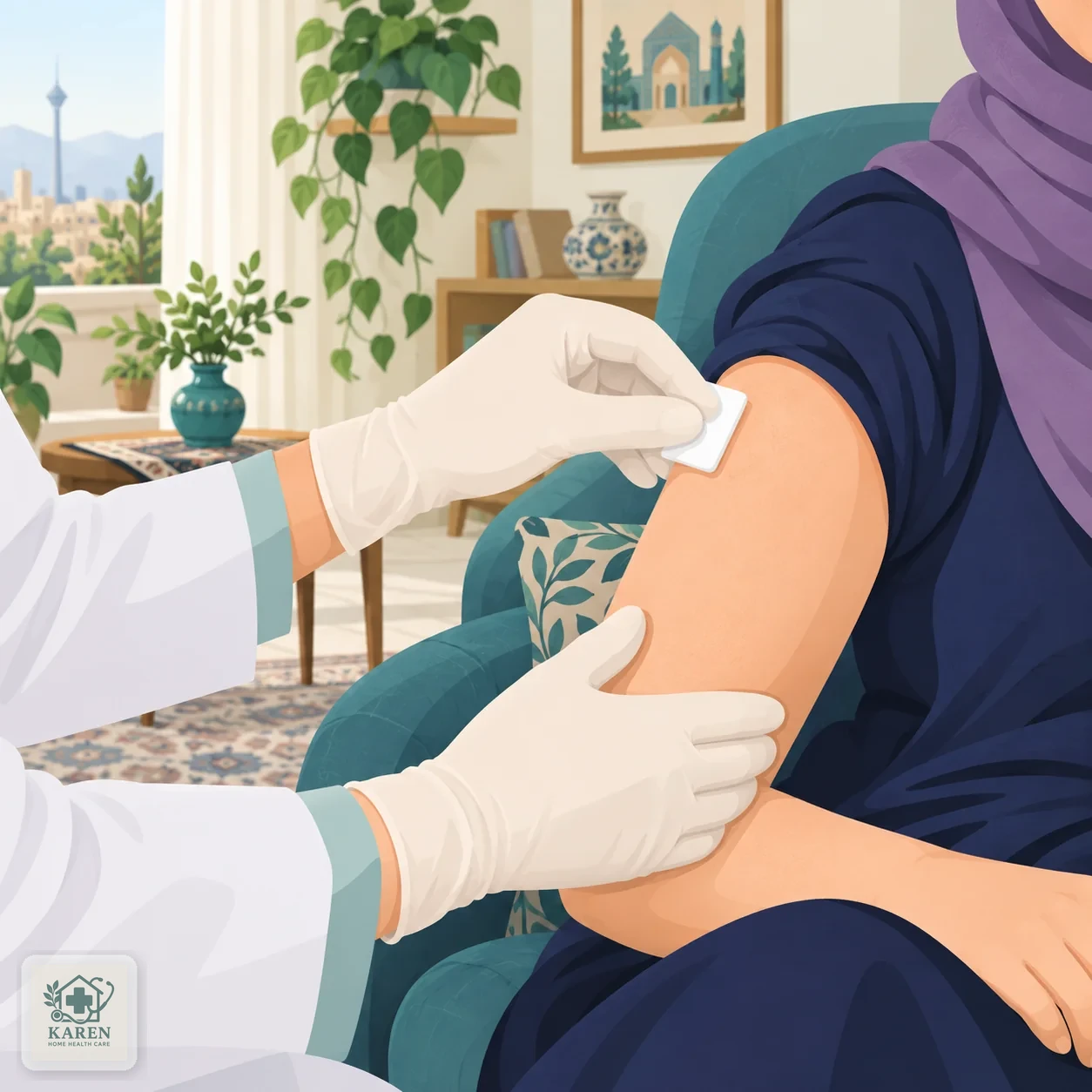 پرستار در حال ضدعفونی کردن ناحیه پوست با پد الکلی پیش از تزریق زیرجلدی در خانه