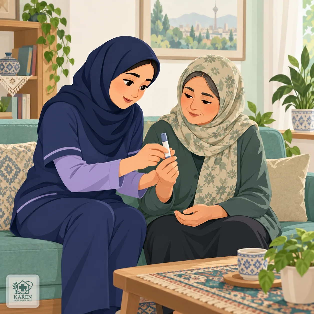 پرستار نشسته کنار بیمار در حال آموزش نحوه گرفتن و نگه‌داشتن قلم تزریق در دست