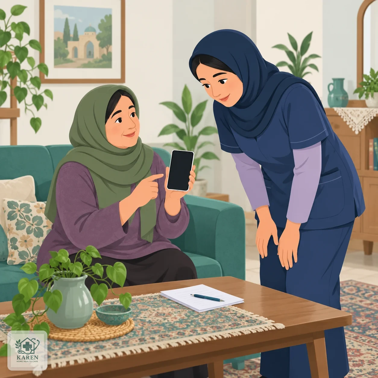 بیمار در حال نشان دادن عکس نسخه پزشک روی گوشی تلفن همراه به پرستار در خانه