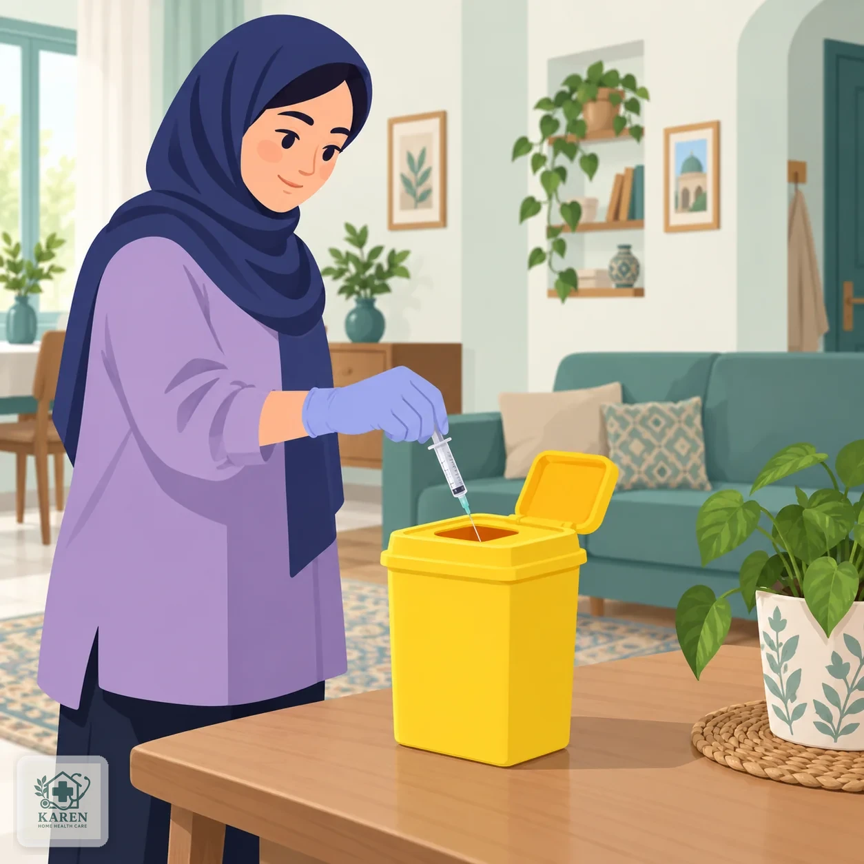 پرستار در حال انداختن سوزن مصرف‌شده در ظرف مخصوص دفع اجسام نوک‌تیز در منزل بیمار