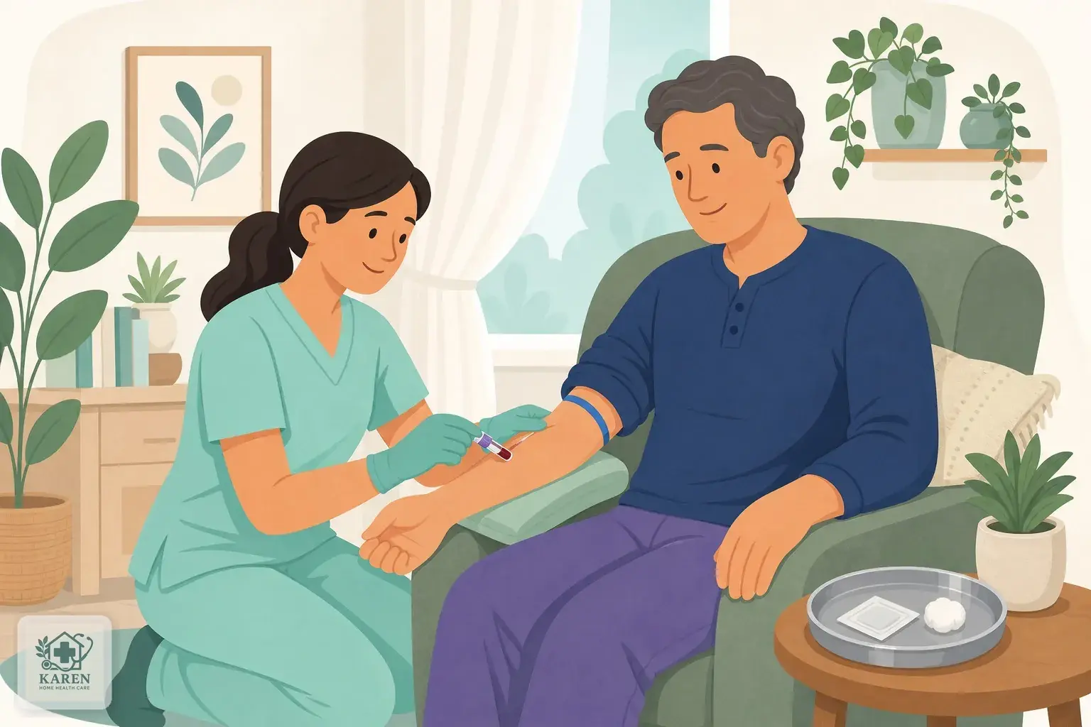 پرستار در منزل در حال نمونه‌گیری خون برای آزمایش اسید اوریک از بیمار