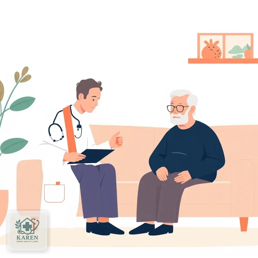 پزشک در حال ویزیت پیگیری یک بیمار قلبی سالمند در منزل