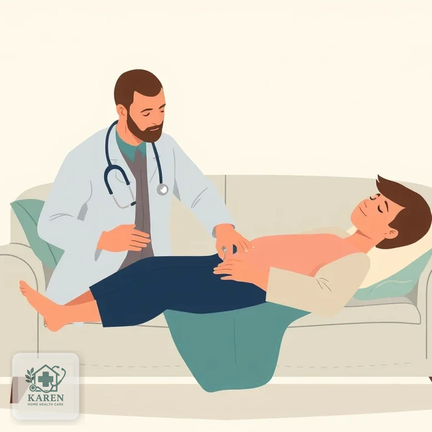 پزشک متخصص گوارش در حال معاینه شکم بیمار در منزل