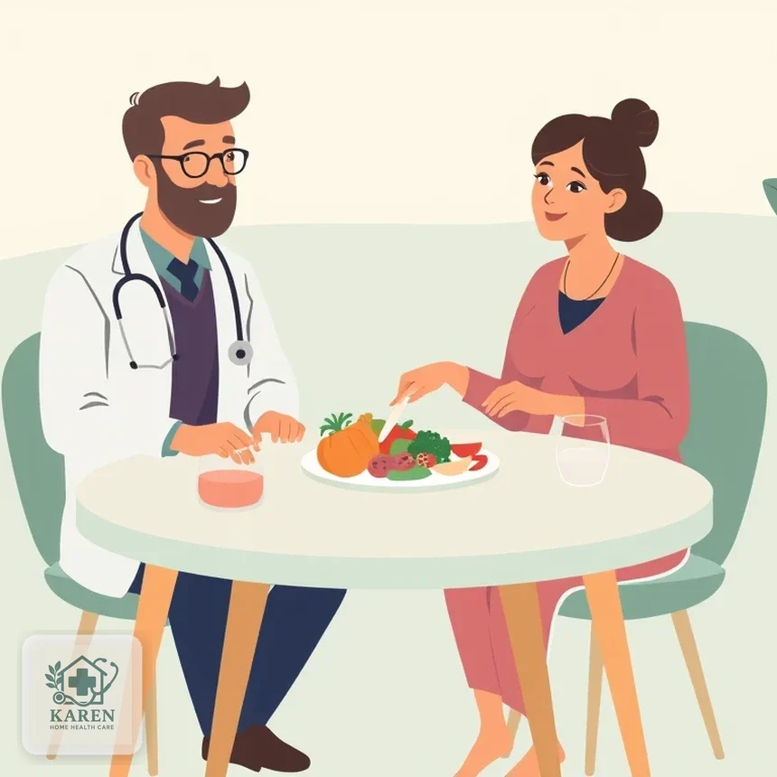 پزشک در حال توضیح برنامه غذایی به بیمار در منزل