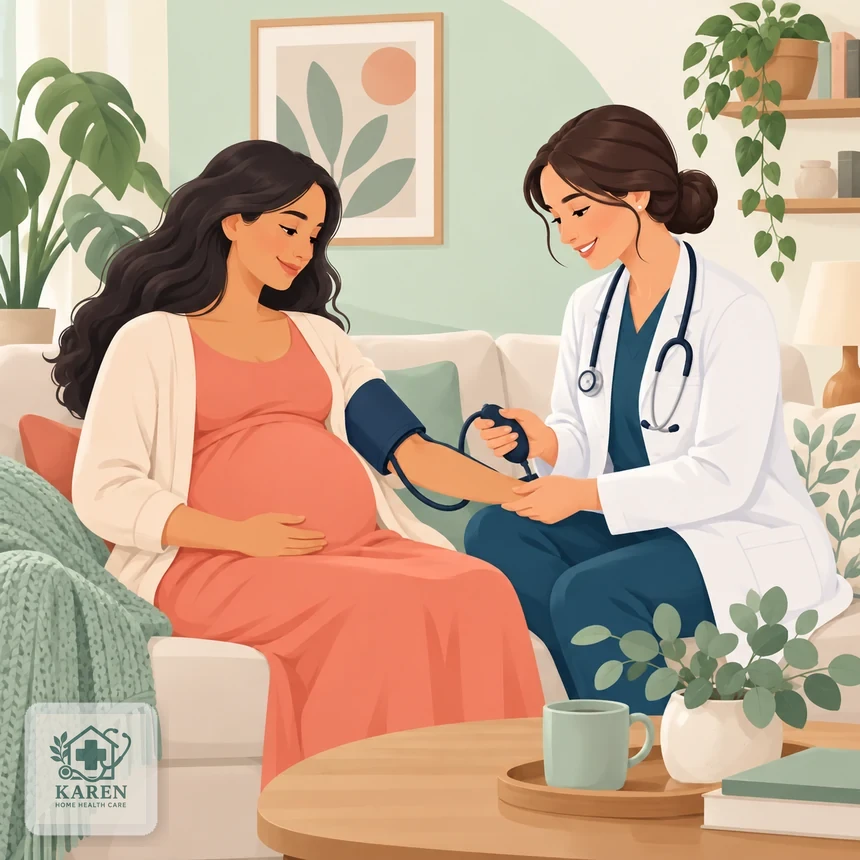 پزشک متخصص زنان در حال معاینه یک مادر باردار در منزل