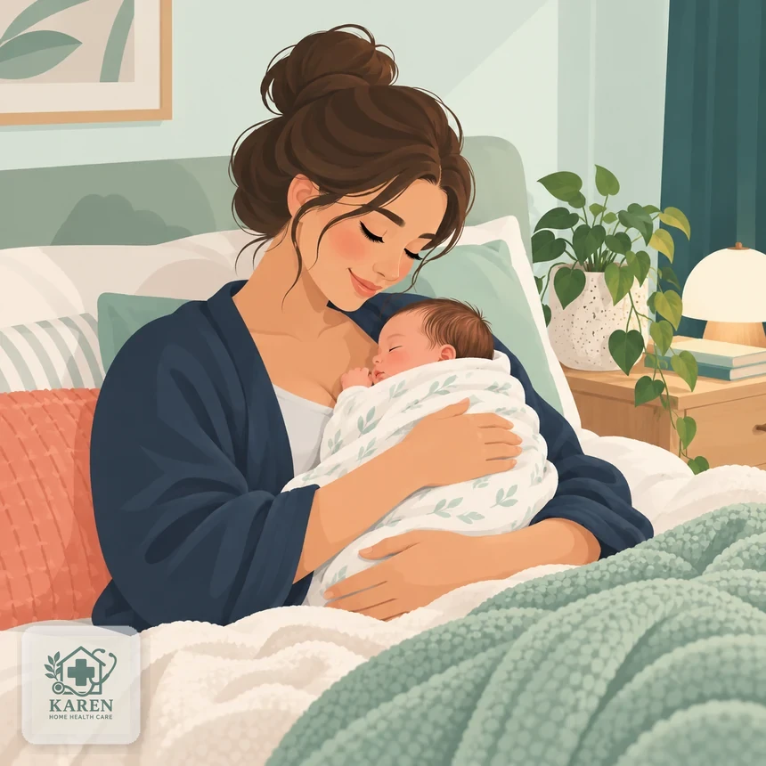 مادر و نوزاد در آغوش در حال دریافت مراقبت پس از زایمان در منزل