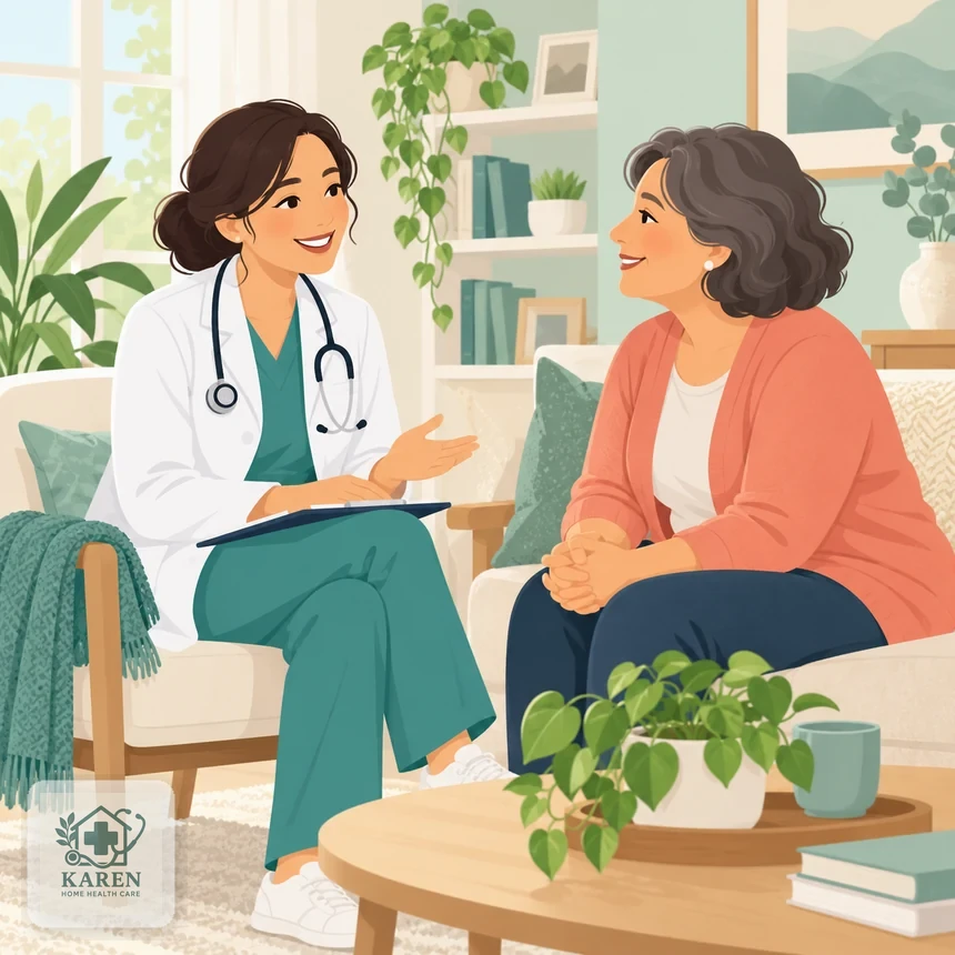 پزشک زن متخصص زنان در حال صحبت گرم با بیمار در منزل