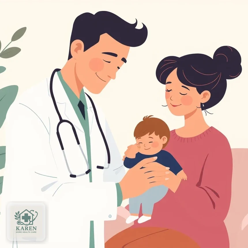 پزشک در حال معاینه یک کودک بیمار در آغوش والدین در خانه