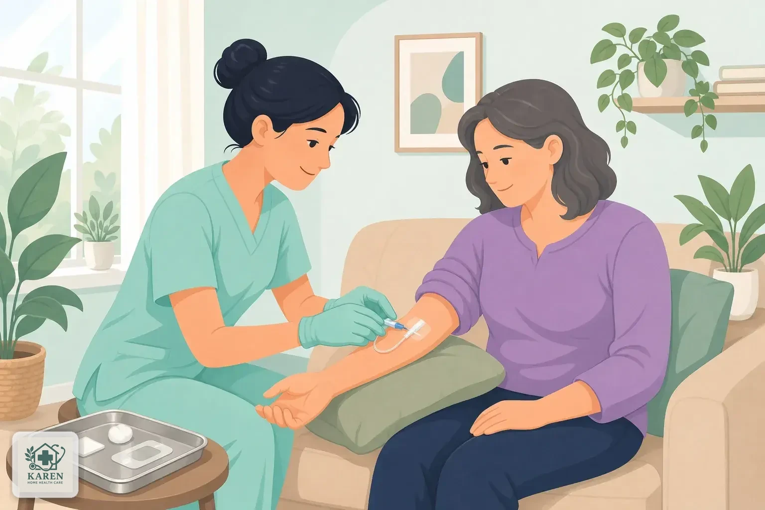 پرستار در حال تعبیه آنژیوکت و شروع تزریق سرم برای بیمار نشسته در منزل