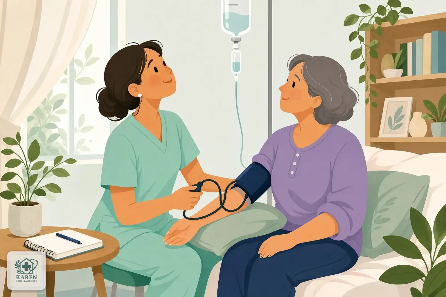 پرستار در حال کنترل فشار خون و مشاهده قطره‌چکان سرم در اتاق بیمار