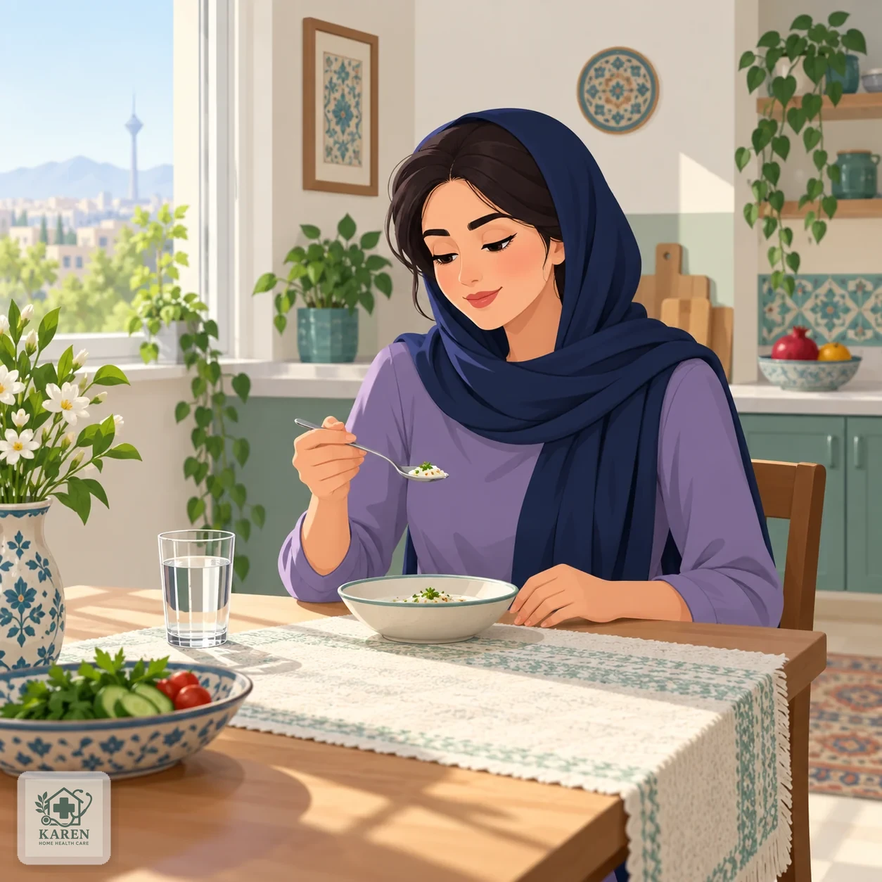 فرد نشسته پشت میز غذا در حال میل کردن یک وعده کوچک و سبک با قاشق