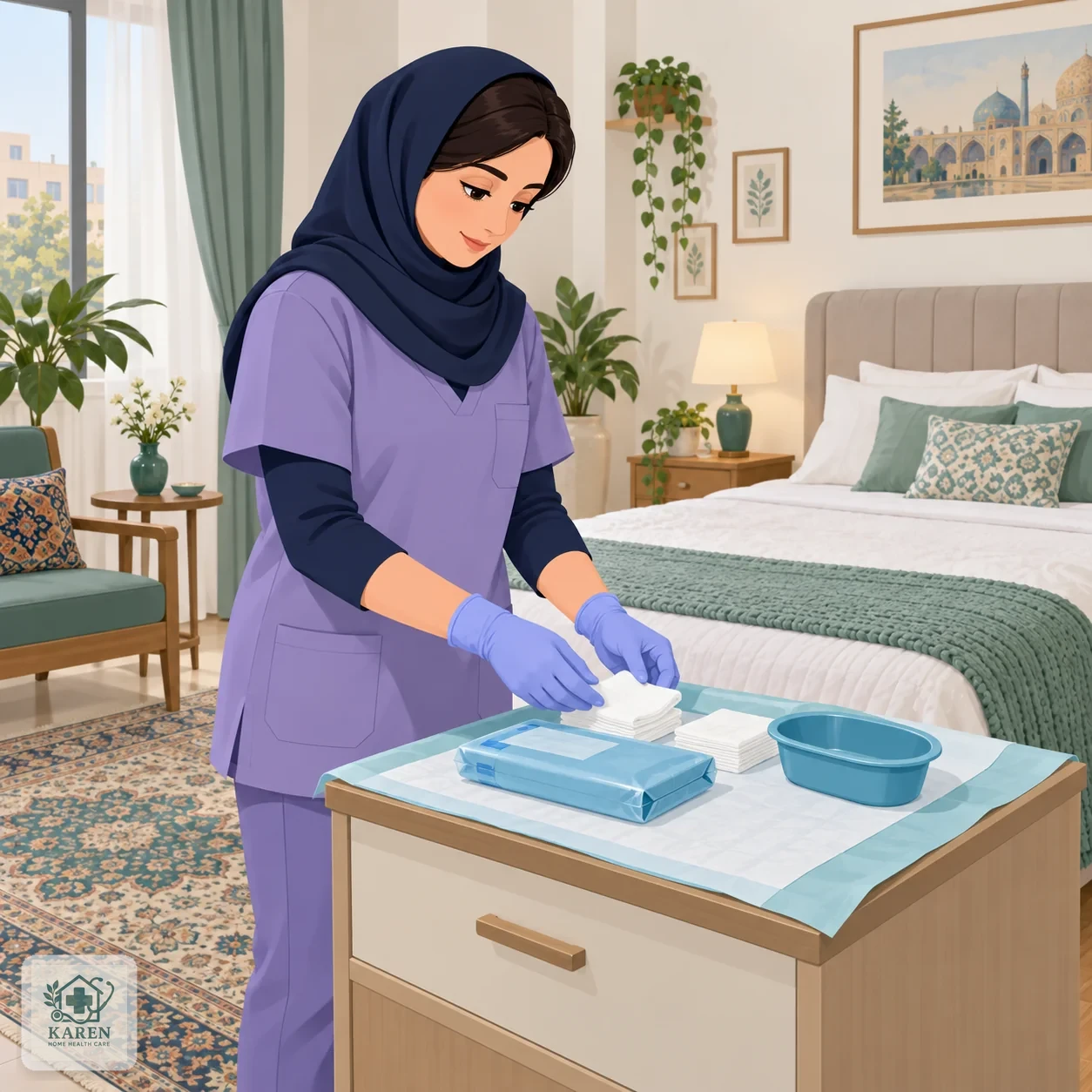 پرستار با دستکش در حال آماده کردن تجهیزات استریل روی سینی در اتاق بیمار