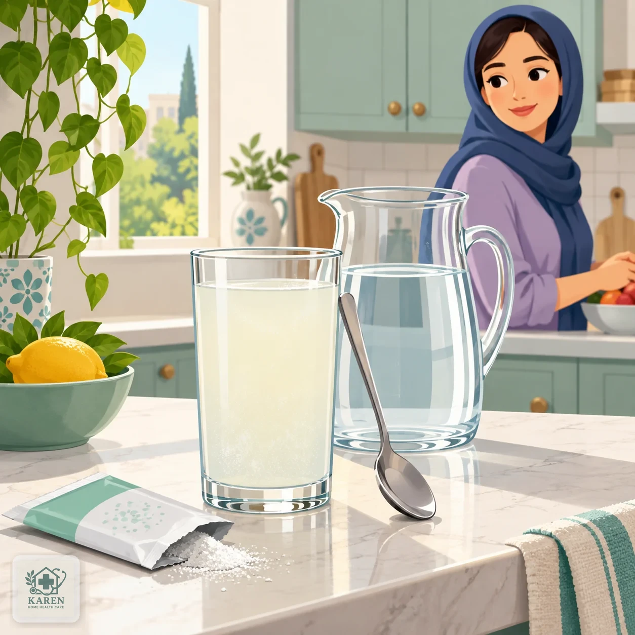 لیوان محلول جبران مایعات و بسته پودر ORS روی پیشخوان آشپزخانه