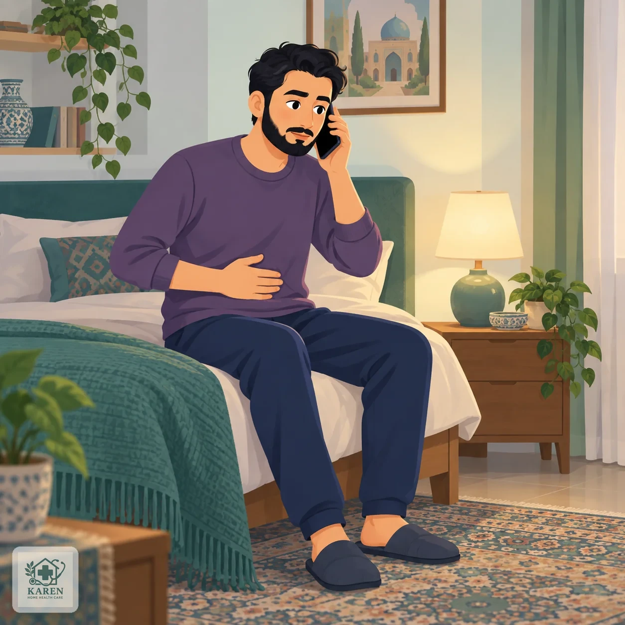 فرد نشسته که یک دست را روی شکم گذاشته و با دست دیگر گوشی تلفن را برای تماس برداشته است
