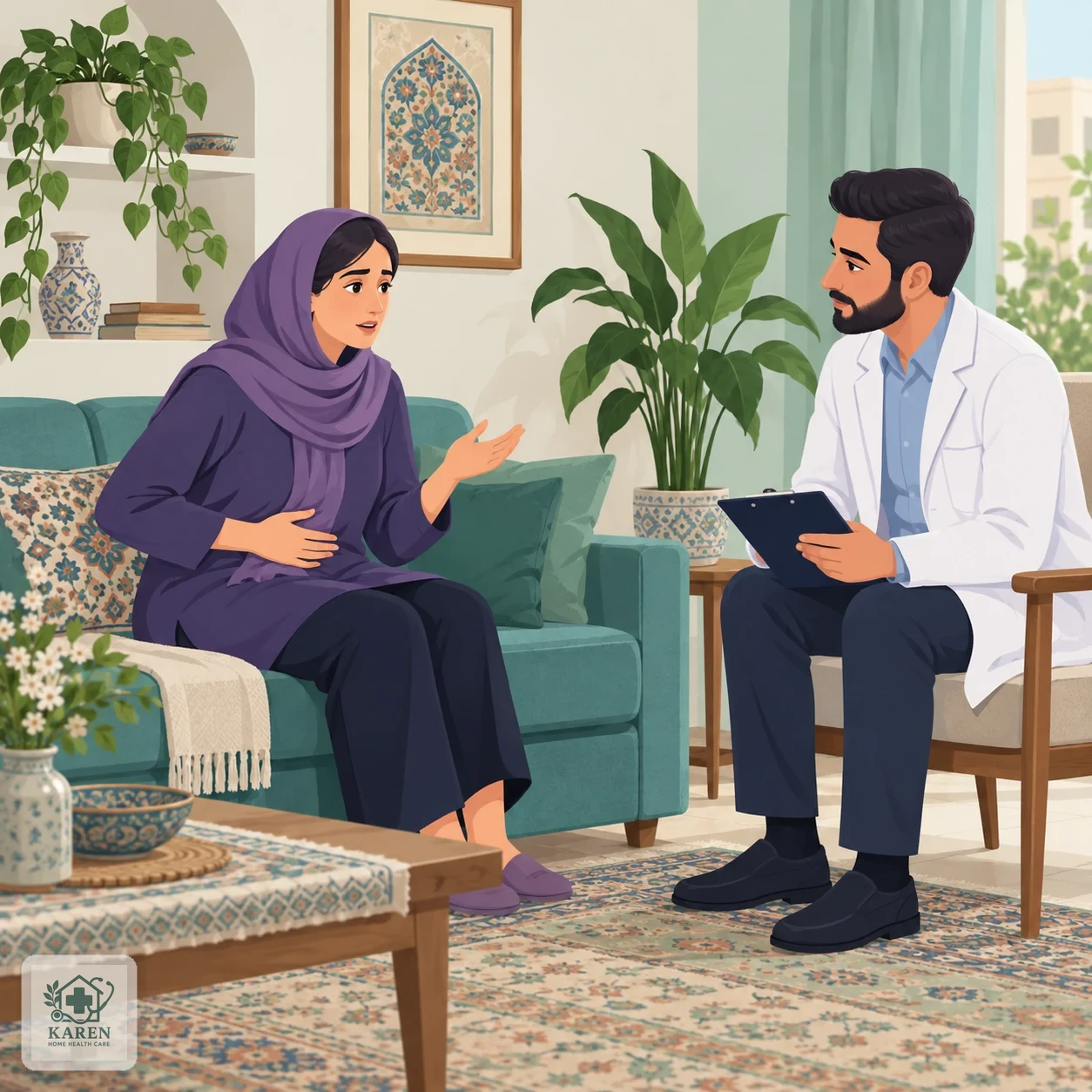 پزشک نشسته روبه‌روی بیمار در نشیمن خانه در حال معاینه و پرسیدن شرح علائم گوارشی